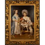A decorative oil painting in the 17th century manner, of two children and a dog, oil on canvas,
