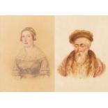 A pair of mid 19th century watercolour portraits of a bearded gentleman and his wife, each unsigned,