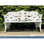 A Victorian fern and blackberry pattern Coalbrookdale cast iron bench with wooden slats, 147cm x
