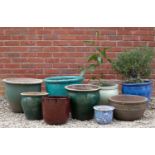 A group of various glazed garden planters the largest approximately 48cm diameterCondition report: