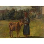 A small decorative oil painting depicting a girl standing next to a calf, unsigned, 16.5cm x