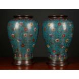 A pair of 19th century Oriental cloisonne enamelled bronze vases of baluster form, each 22cm wide