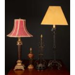 A 20th century painted wrought iron table lamp, 67cm in height; a gilt and glass table lamp of