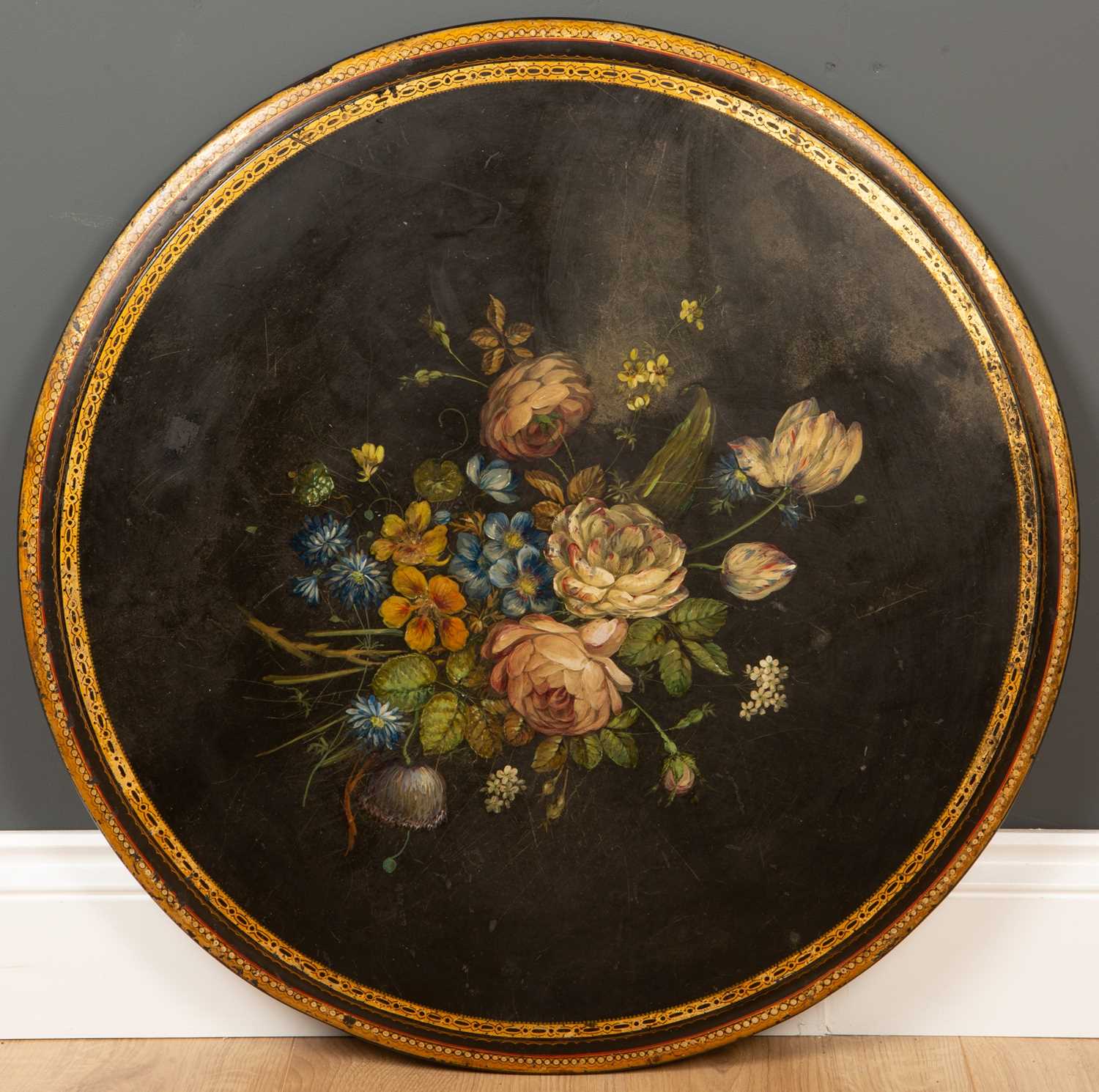 A Victorian circular occasional table with painted slate top and cast iron base with acanthus leaf - Image 2 of 2