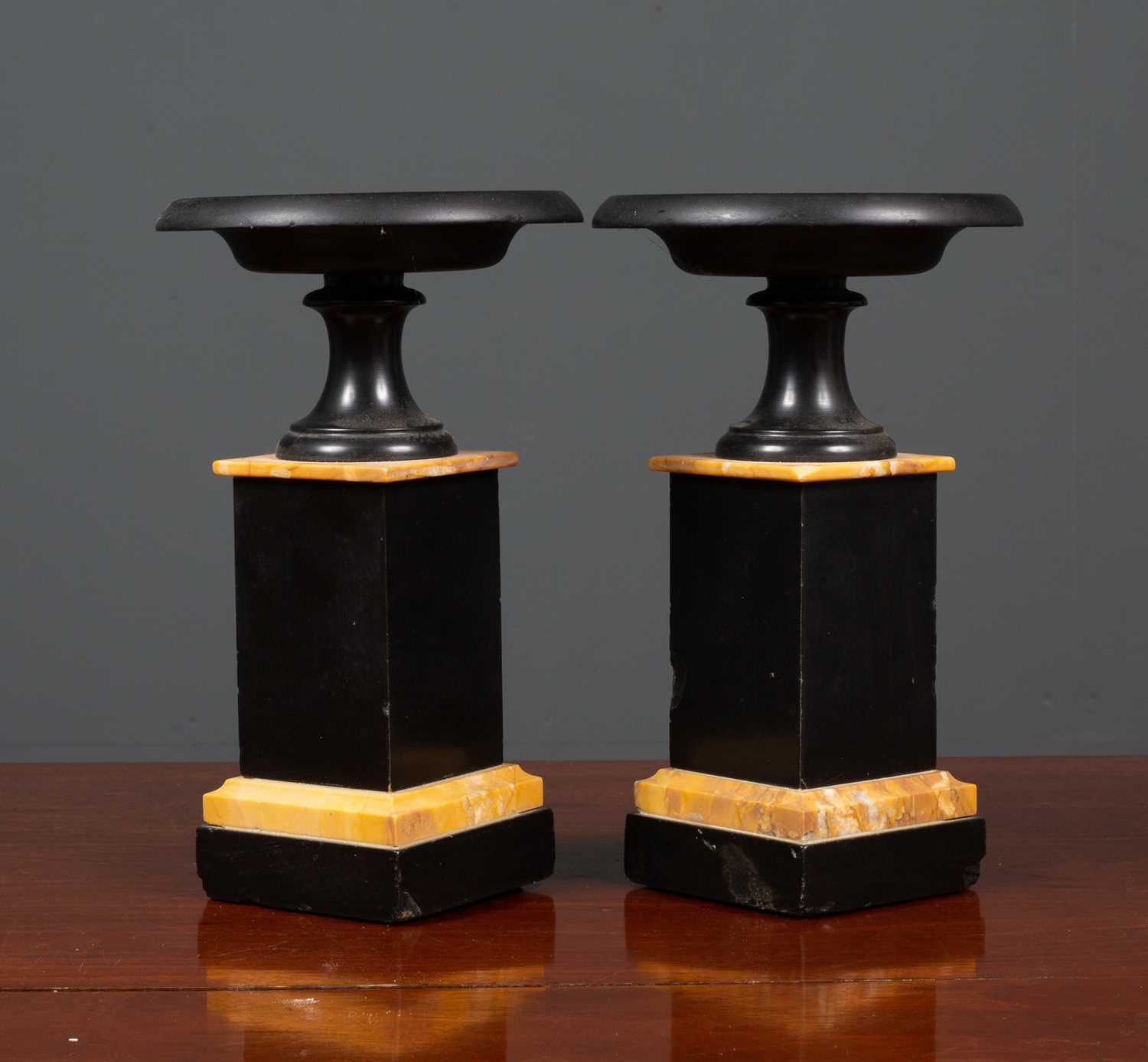 A pair of Victorian turned black slate and marble tazza of classical form on plinth bases, 14.5cm