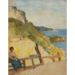 20th century continental school A lady resting with a view over a Mediterranean bay beyond,
