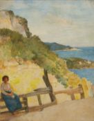 20th century continental school A lady resting with a view over a Mediterranean bay beyond,