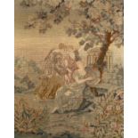 A framed needlework panel depicting three classical maidens beneath a fruit tree and by a temple,