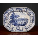 A George III blue and white meat platter decorated with a view of Lancaster, possibly by John Rogers