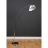A chrome floor standing 'Arc' style lamp with semi spherical shade, 74cm high overall