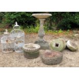 A selection of small grinding stones together with a birdbath, 40cm diameter x approximately 68cm