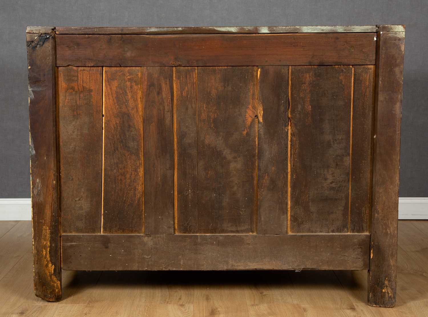 An early 19th century French oak and walnut side cabinet with three drawers above two doors, with - Image 5 of 6