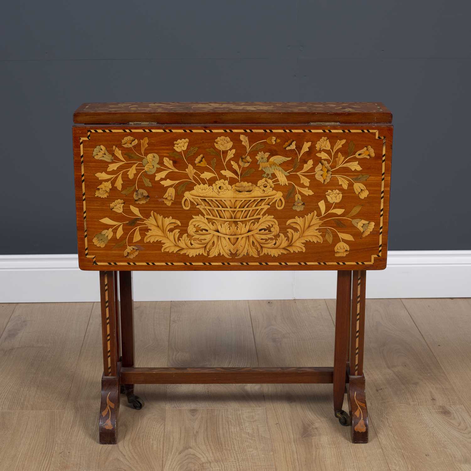 A Dutch mahogany Sutherland table profusely decorated with floral inlay stamped KOOPMAN and Co 1903, - Image 5 of 7