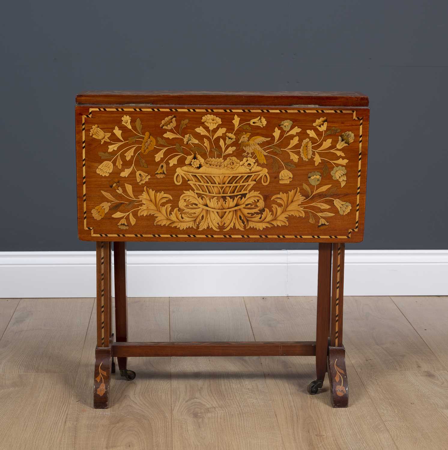 A Dutch mahogany Sutherland table profusely decorated with floral inlay stamped KOOPMAN and Co 1903, - Image 6 of 7