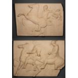Two large fibreglass panels after the antique depicting riders on horseback, each approximately