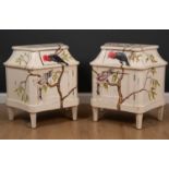 Two similar Steven Shell Bow range bedside cabinets each with decoration of birds in branches, all