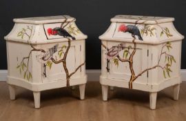 Two similar Steven Shell Bow range bedside cabinets each with decoration of birds in branches, all