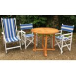A small teak circular garden table 91cm diameter x 75.5cm high together with a pair of white painted