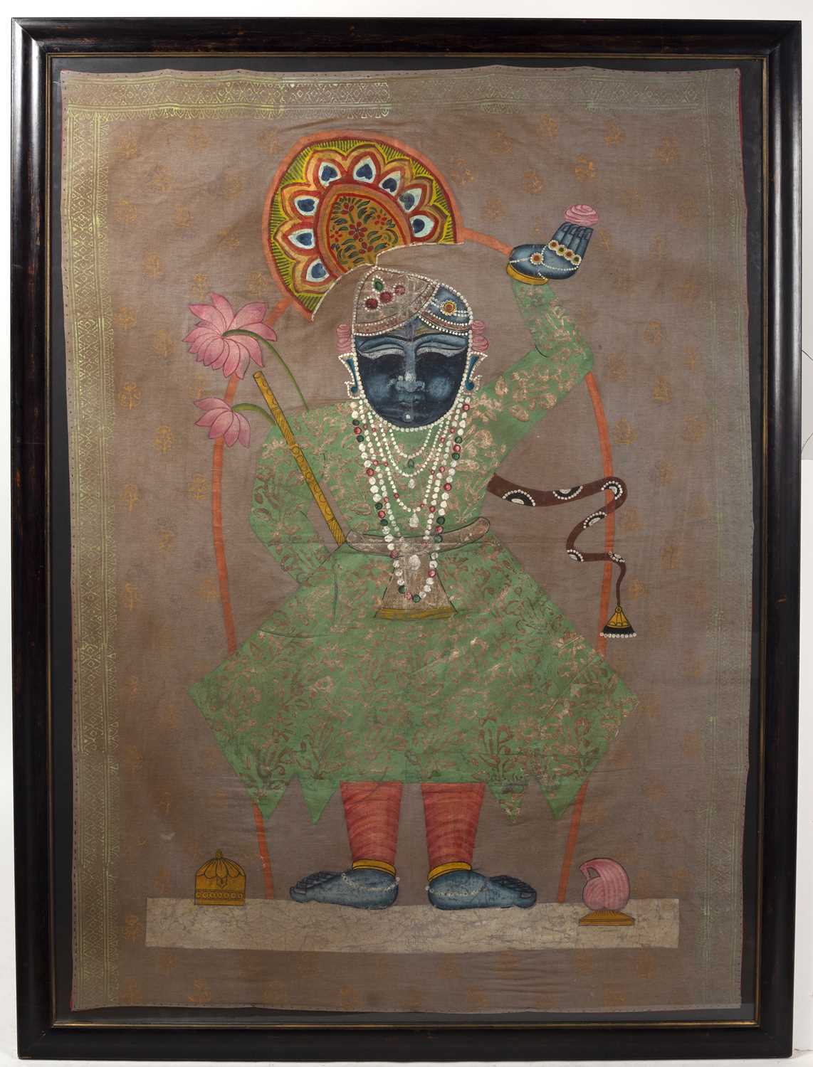 An Indian painting of a Deity, gouache on cloth, with printed ornament to the ground and printed - Image 2 of 3