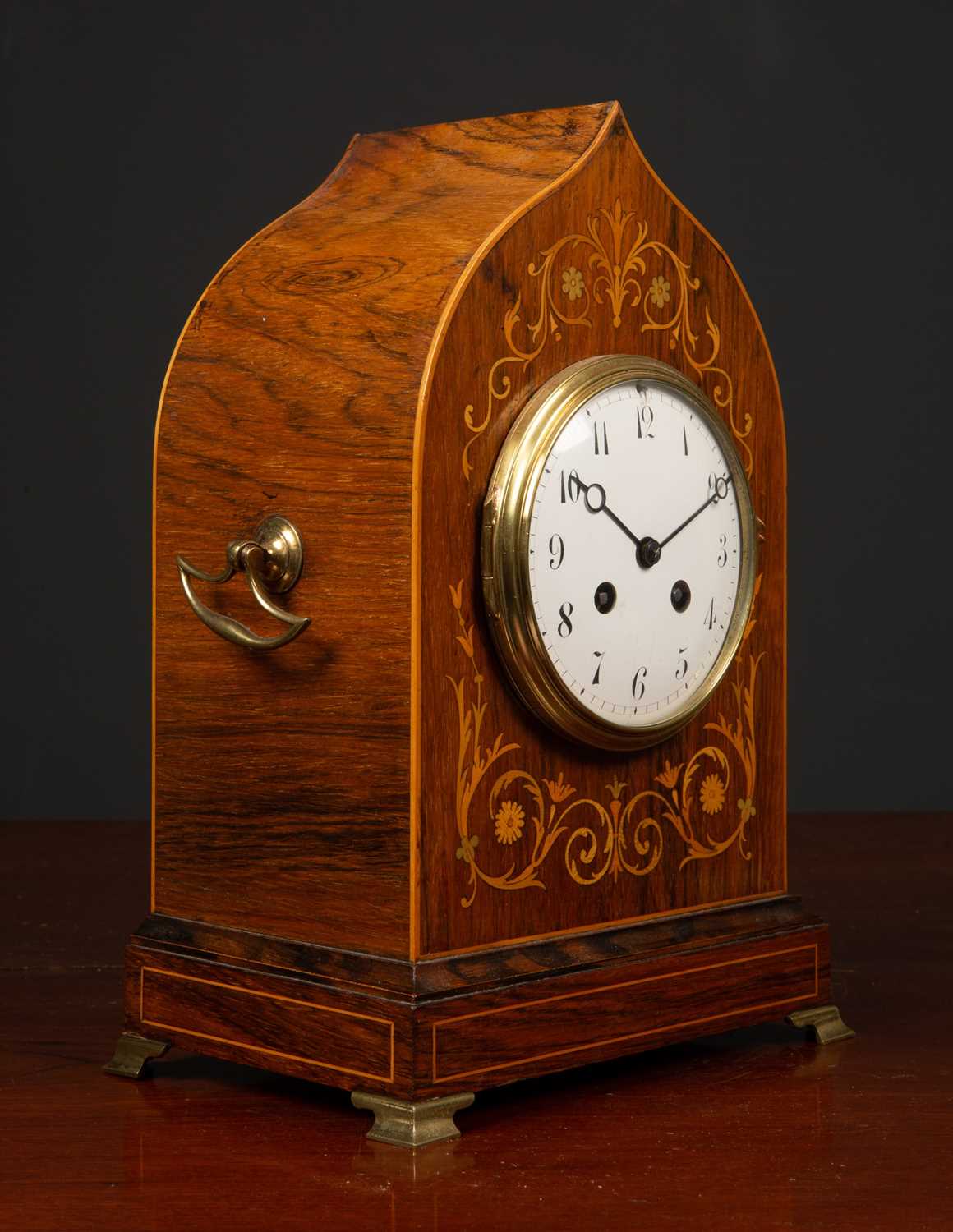 An antique French rosewood cased mantle clock the shaped case with decorative inlay, carrying - Image 3 of 6