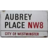 An enamel London road sign for 'AUBREY PLACE NW8'79cm x 44cmCondition report: Marks due to