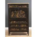 A 19th century continental secretaire a abattant with shaped alabaster top, Oriental style lacquered