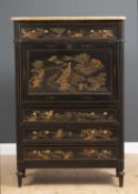 A 19th century continental secretaire a abattant with shaped alabaster top, Oriental style lacquered