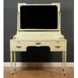 A green painted dressing table with swing mirror, five various drawers and reeded legs124cm wide x