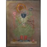 An Indian painting of a Deity, gouache on cloth, with printed ornament to the ground and printed