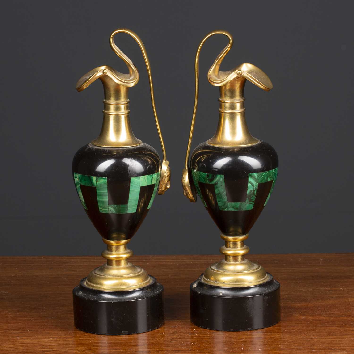 A pair of black slate malachite and ormolu mounted ornamental ewers each 22cm highCondition - Image 2 of 3