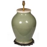 A celadon coloured glazed table lamp of baluster form, 26cm diameter x 46cm highCondition report: