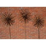 A set of three wrought iron 'Allium Nail Head' ornaments each 28cm diameter x approximately 168cm