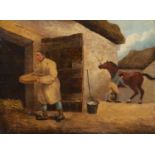 19th century naive school 'The stable yard', oil on panel, indistinctly signed and dated lower