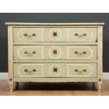 A late 18th / early 19th century Italian green and white painted three drawer commode with moulded