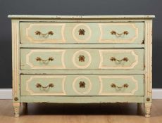 A late 18th / early 19th century Italian green and white painted three drawer commode with moulded