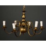 A modern brass six light electrolier in the Dutch style with scrolling arms, 62cm wide x 36cm