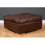 A late 20th / early 21st century brown leather upholstered square footstool or pouffe, 91cm wide x