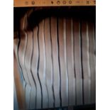 .A pair of striped curtains each approximately 180cm at the top x 210cm wide at the base x 230cm