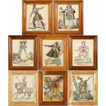 A group of eight decorative hand painted and collage prints of actors in painted frames, each