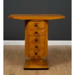 An art deco style burr maple veneered side table with central cylindrical support containing five