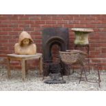 A small square teak garden table together with a Victorian fireplace insert, 51cm wide x 92cm