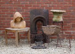 A small square teak garden table together with a Victorian fireplace insert, 51cm wide x 92cm
