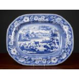 A George III blue and white meat platter circa 1820 'River Fishing', with impressed mark Meir for