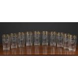 A set of ten cut glass and parcel gilt lemonade or water glasses with rose decoration, each 7.8cm