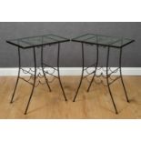 A pair of painted wrought iron glass topped wine tables each 60cm wide x 40cm deep x 76cm