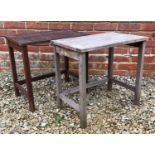 A pair of teak garden occasional tables with slatted tops, 55.5cm wide x 35.5cm deep x 51cm