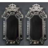A pair of Venetian style wall mirrors with engraved decoration to the gilt slips, approximately 60cm