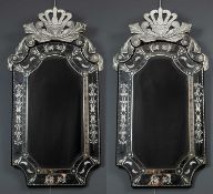 A pair of Venetian style wall mirrors with engraved decoration to the gilt slips, approximately 60cm