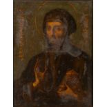 Grecian school portrait of St Francis, oils on copper, 11cm x 8.5cm, set within a gilt