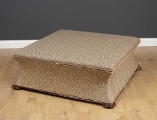 A Victorian style square ottoman stool with turned bun feet and leopard skin print upholstery, 105cm